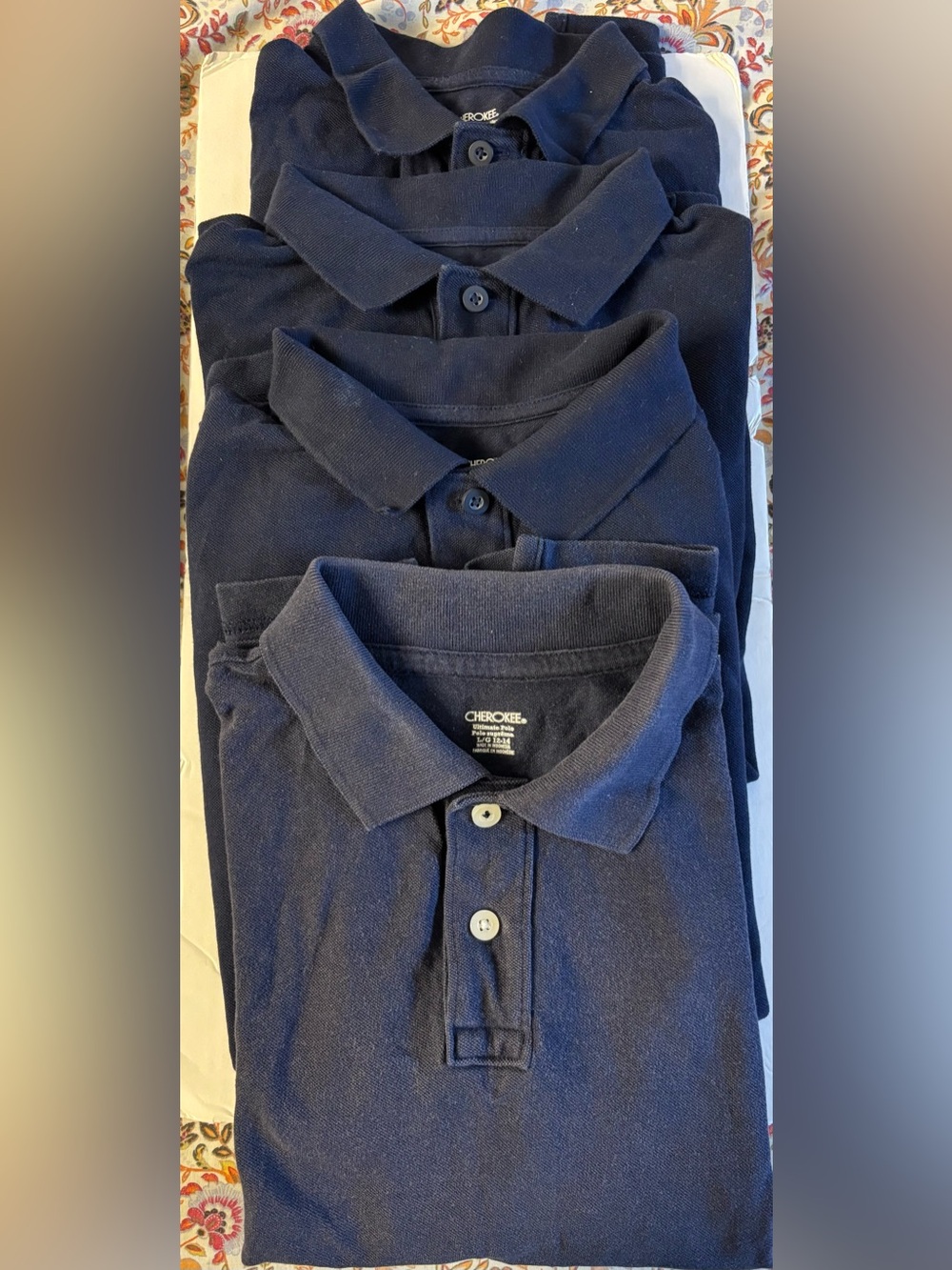 Lot of 5 Cherokee Navy Blue Kids Short & Long-Sleeve Polo Shirts, Size L & M